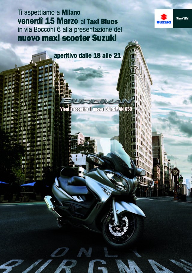 Suzuki presenta il 15 marzo il nuovo maxi scooter Burgman 650 al Taxi Blues 1 al-taxi-blues-per-scoprire-il-nuovo-suzuki-burgman-650-invito-taxi-blues