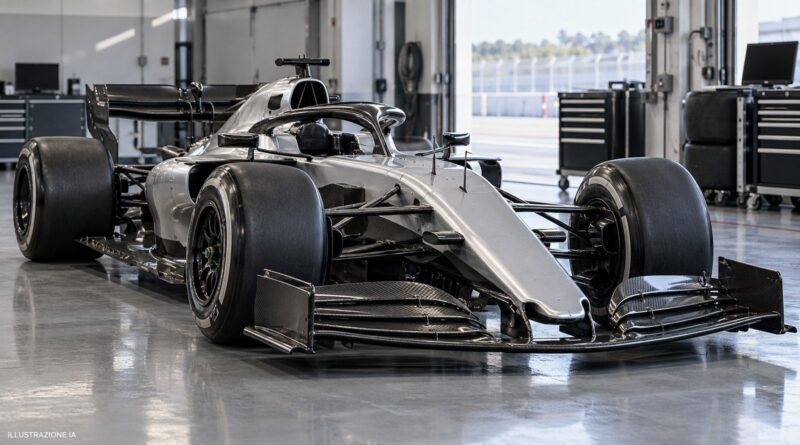 F1, monoposto generica in garage per le prove libere – illustrazione IA