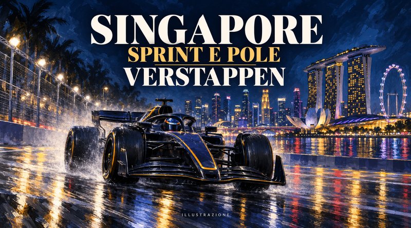 Illustrazione originale di una monoposto generica a Singapore per la vittoria Sprint e la pole di Verstappen