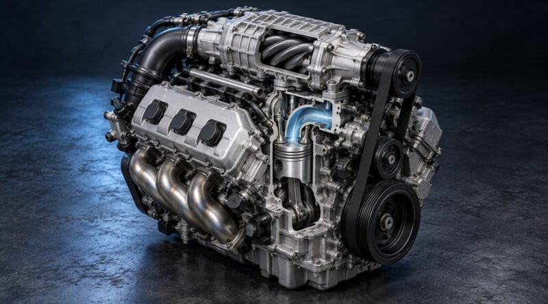 Illustrazione concettuale di un motore V6 sovralimentato per il ciclo Miller, non sezione certificata di un modello